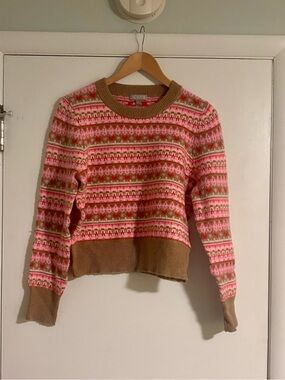 J. Crew Pink and Tan Fair Isle Crewneck Sweater